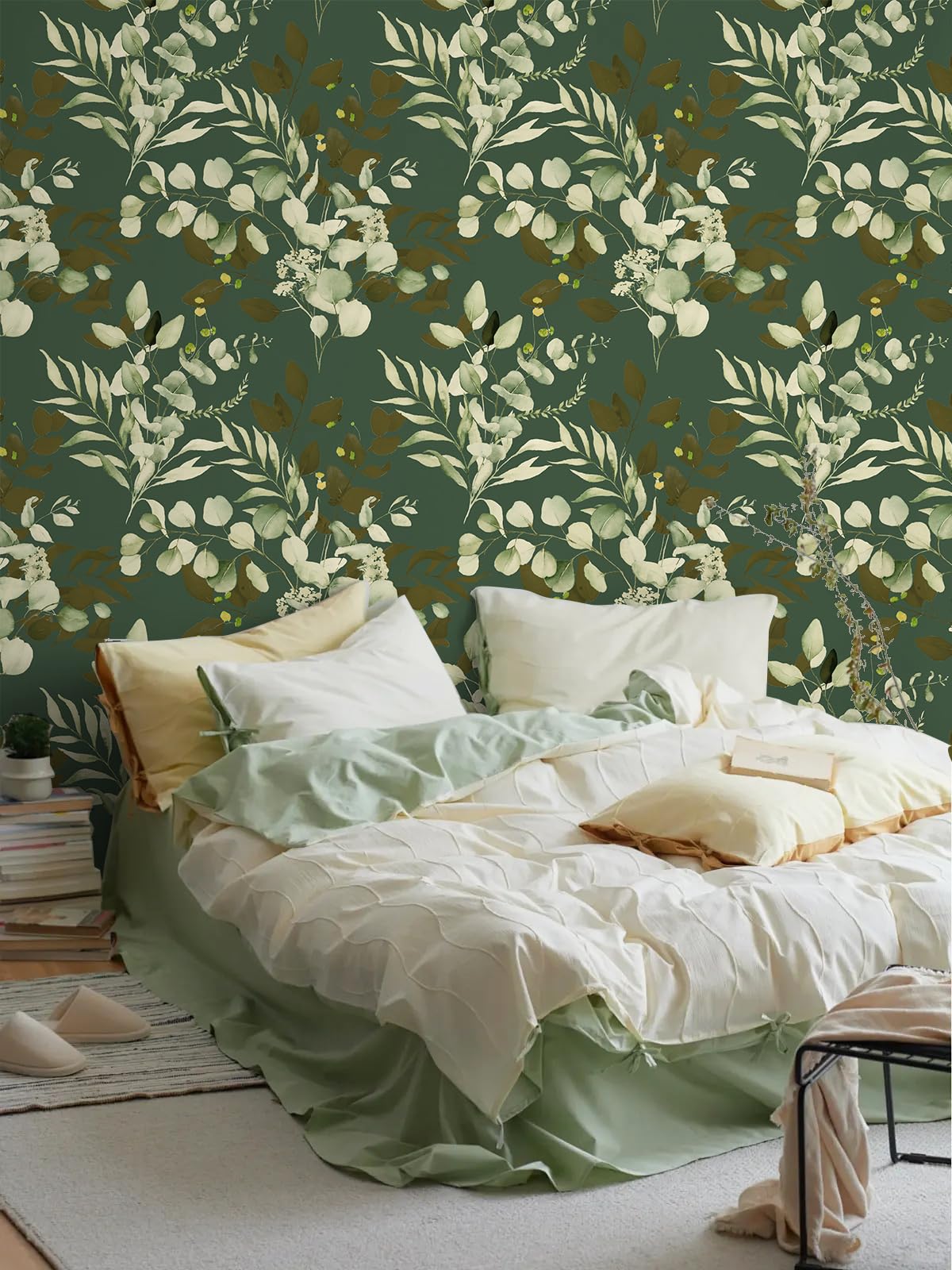 HAOKHOME Peel and Stick Wallpaper Boho Sage Green Eucalyptus Leaf Floral Wall Mural Home Nursery Decor Renter Friendly Wallpaper 17.3in x 9.8ft