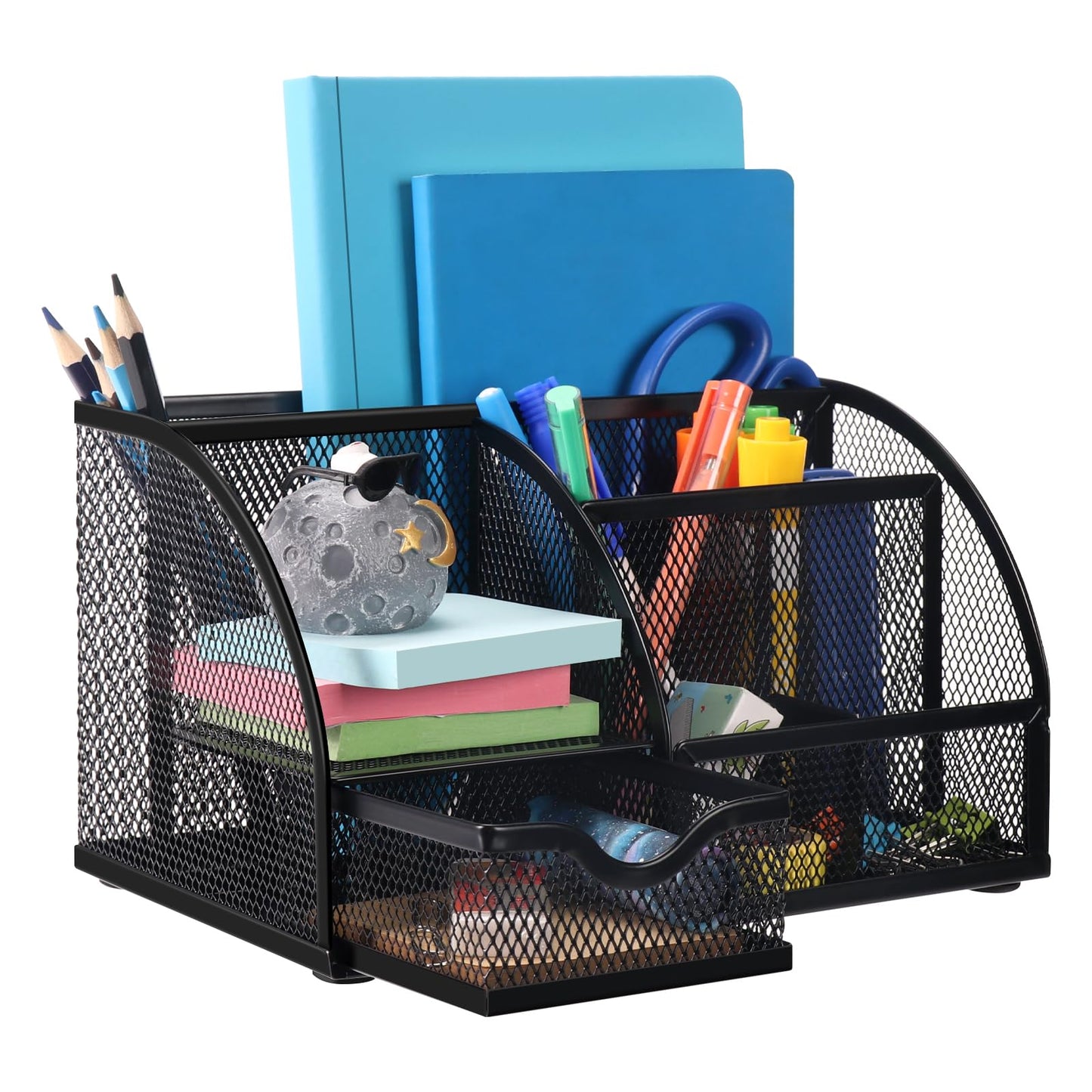 Comix Mesh Pen Pencil Holder Desk Organizer, 7 Compartment Wire Desktop Pen Pencil Cup Caddy Office Supplies for Home Office School, Black