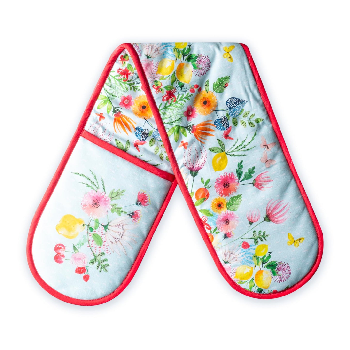 Maison d' Hermine Double Oven Mitts 100% Cotton 7"x35" Double Oven Mitt Heat Resistant BBQ Cooking Gloves with Loop Baking Grilling Kitchen Hotel Home Farmhouse Spring Summer (Jardin D'Ete - Mint)