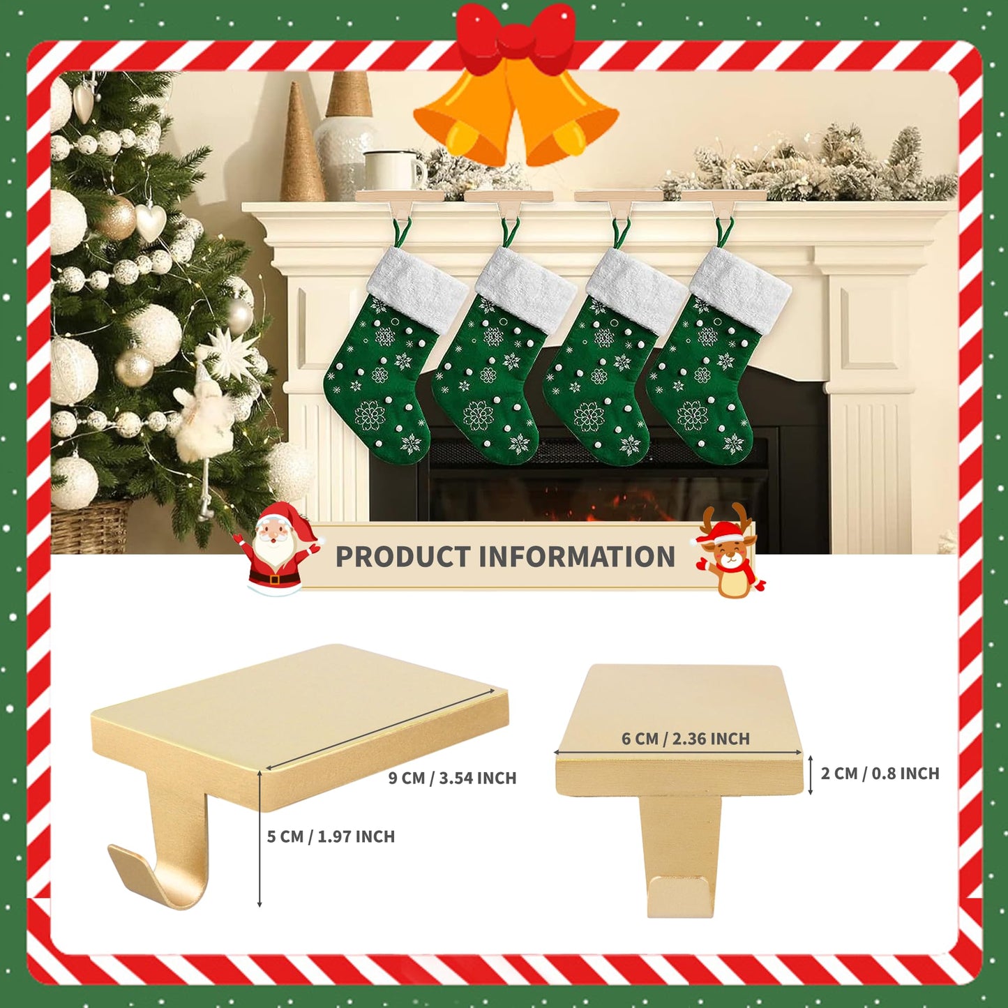 Anrgterg 4 Pcs Christmas Stocking Holders, Mantel Stocking Hangers Metal Hanging Hooks with Protective Pads for Xmas Holiday Counter Window Home Table Gold
