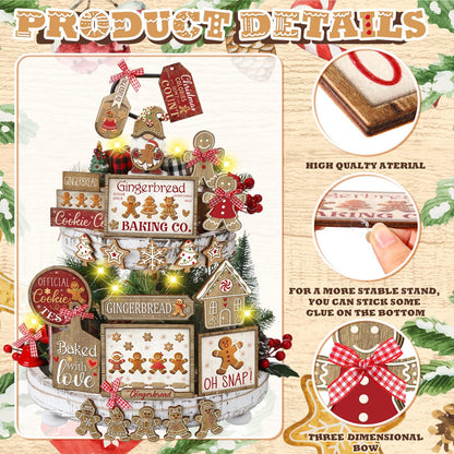 Shellwei 24 Pcs Christmas Tiered Tray Decor Set Wood Rustic Gingerbread Christmas Decoration Winter Farmhouse Decor Xmas Trees Gnome Elk Snowflake Signs for Table Shelf Home Centerpiece (Cute)