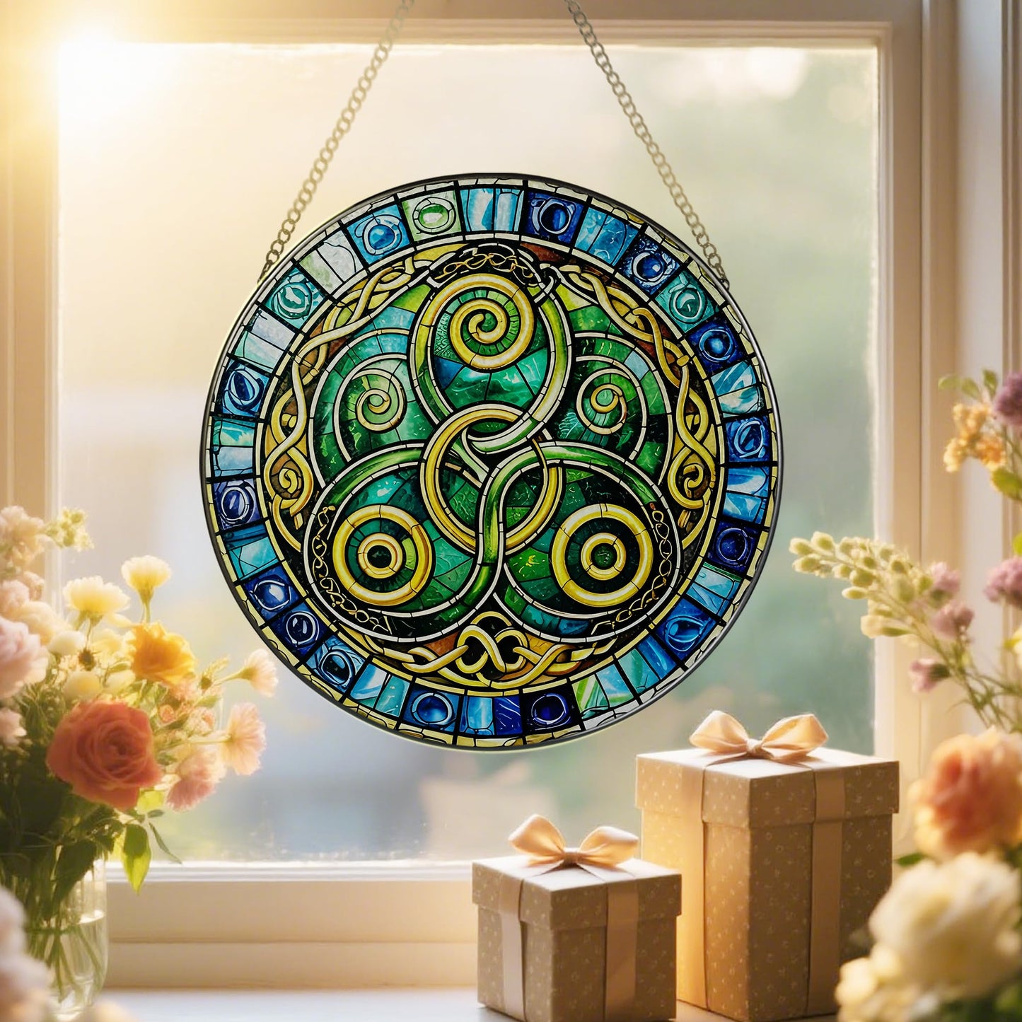 8-Inch Celtic Knot Stained Glass Suncatcher & Ornament – Stained Glass Window Hanging & Decor, Sun Catchers for Windows Indoor, Gift for Women, Gift for Christmas, Housewarming Gifts, Irish Gifts