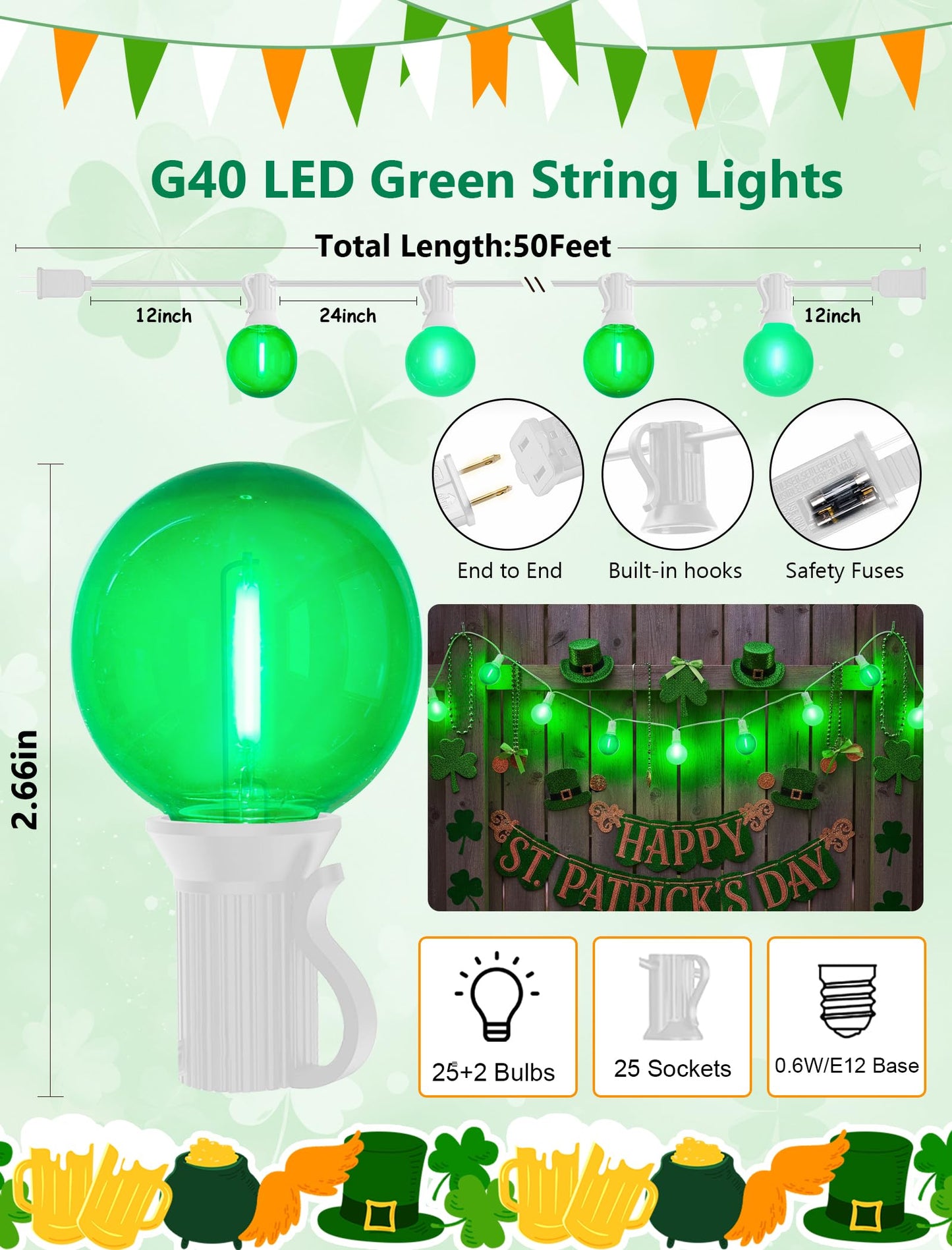 50FT G40 LED Outdoor Globe String Lights, St. Patrick's Day Decorations Lights Outdoor with 27 Shatterproof Green Bulbs, Hanging Globe Patio Lights Waterproof for Outside Party Wedding Porch Backyard