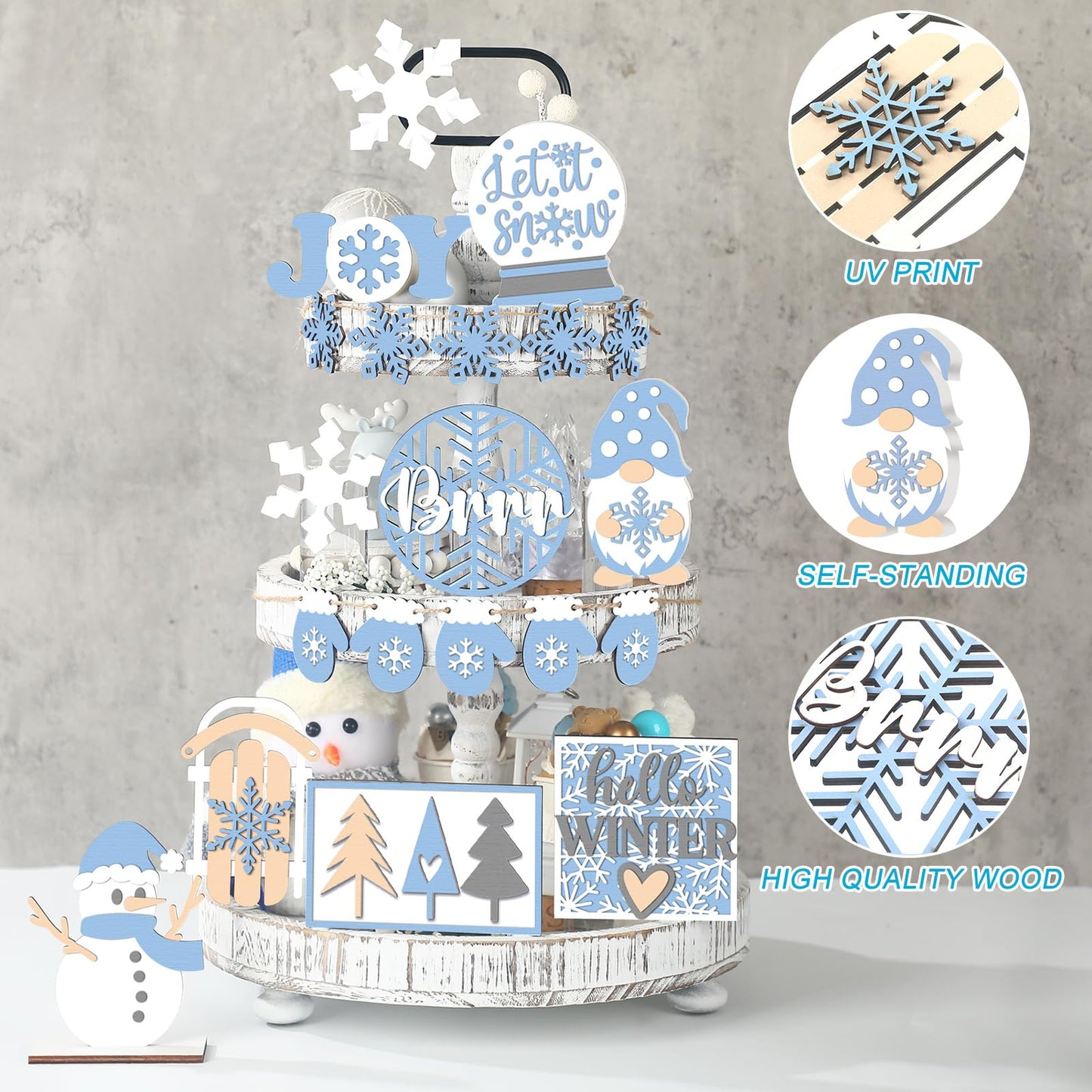 20 Pcs Winter Tray Decor Snowflake Snowman Gnome Wooden Signs Winter Wonderland Table Centerpieces Rustic Farmhouse Winter Tabletop Decorative Trays for Party Home Christmas Holiday