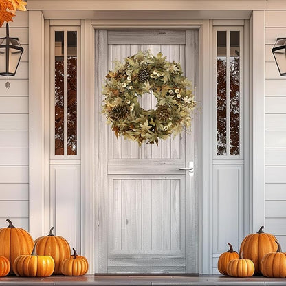 24" Natural Looking Fall Winter Door Wreath Outside, Green and Brown Ombre Foliage Thanksgiving Autumn Wreaths for Front Door Porch with White Berries and Pinecones