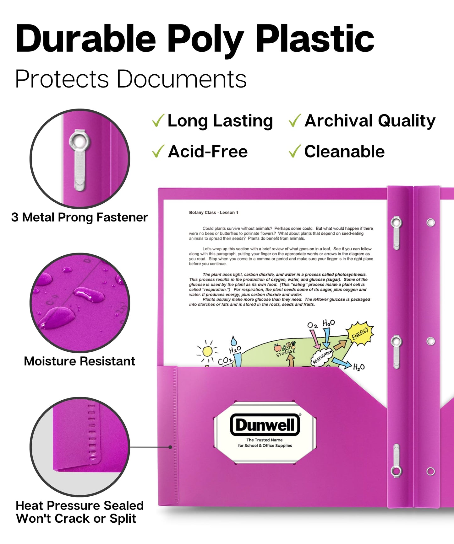 Dunwell 2-Pocket 3-Prong Folders with Clear Front View Pocket, 6 Vibrant Colors, Durable Acid-Free Poly Plastic, 3-Hole Binders with Brads and Pockets, Include Labels