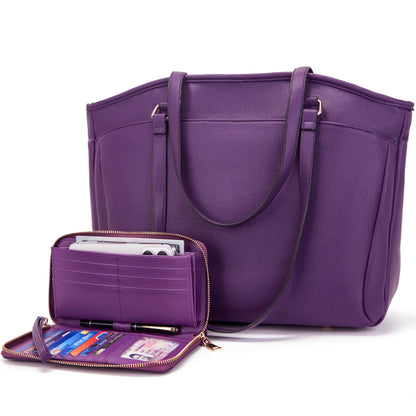 YZAOLL 15.6 Inch Laptop Tote Bag for Women,Water-resistant Vegan Leather with Anti-Scratch Padded Sleeve,Lightweight Multi-Pocket Work Bag for Business Travel,College,Office Essentials,Purple