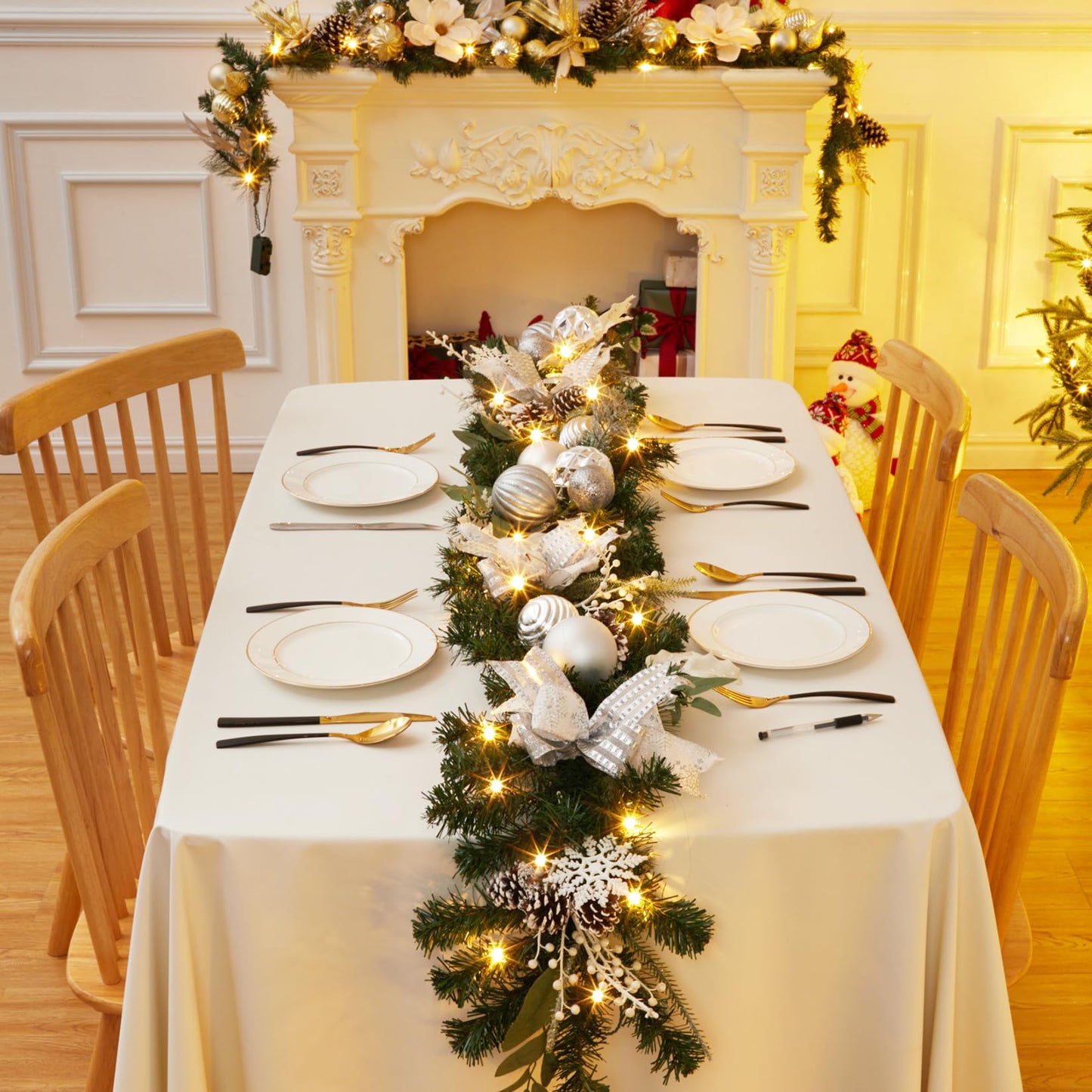 LinTimes 6 FT Pre-Lit Christmas Garland, Silver Lighted Xmas Garland with 20 LED Lights with Timer for Mantle Staircase Table, Winter Garland with Ribbon, Xmas Balls, Snowflake, Battery Operated