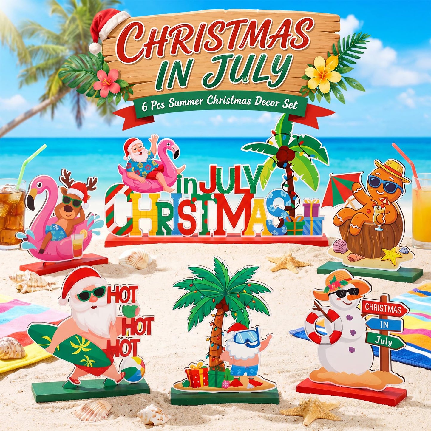 Qunclay 6 Pcs Christmas in July Table Decor - Wooden Snowman Santa Gingerbread Man Elk Table Signs for Summer Christmas in July Party Decorations Supplies