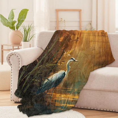 Blue Heron in Sunset Wetlands Throw Blanket for Boys Girls Kids Adults Women, Fuzzy Warm Soft Cozy Flannel Blankets Gifts for Bedroom, Couch, Travel, Home Decor 60x80 in