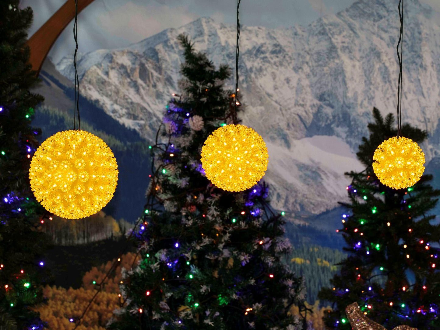 Novelty Lights LED 10in 150 Light Starlight Sphere, Yellow, Extra Large Ornament Ball Light, 5ft Hanging Cord with S Hook, 12ft Power Cord with Stackable Plug, Commercial Grade
