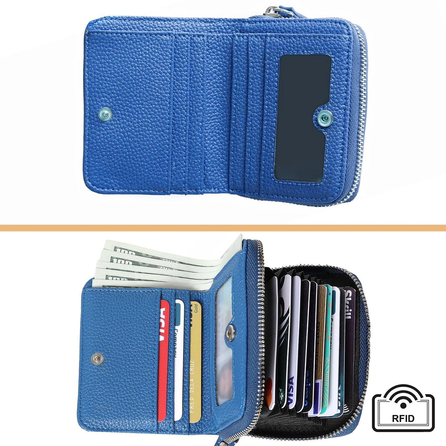 DELIRSTYIN Genuine Wallet Women RFID Blocking Card Holder, Small Leather Womens Wallet with Zipper ID Window Coin Pocket