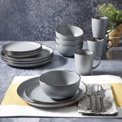 Gibson Home Queenslane 16 Piece Double Bowl Plates and Bowls Dinnerware Sets - Matte Blue