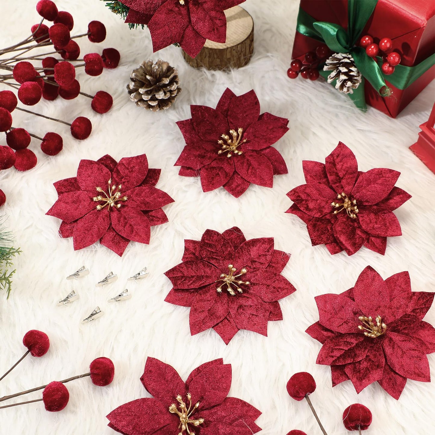 Hungdao 18 Pcs Velvet Christmas Tree Ornament Set Artificial Christmas Poinsettia Flower with Clips and Tree Picks Neutra Holiday Ornaments for Xmas Wreath Fireplace Stairs Decor(Burgundy)