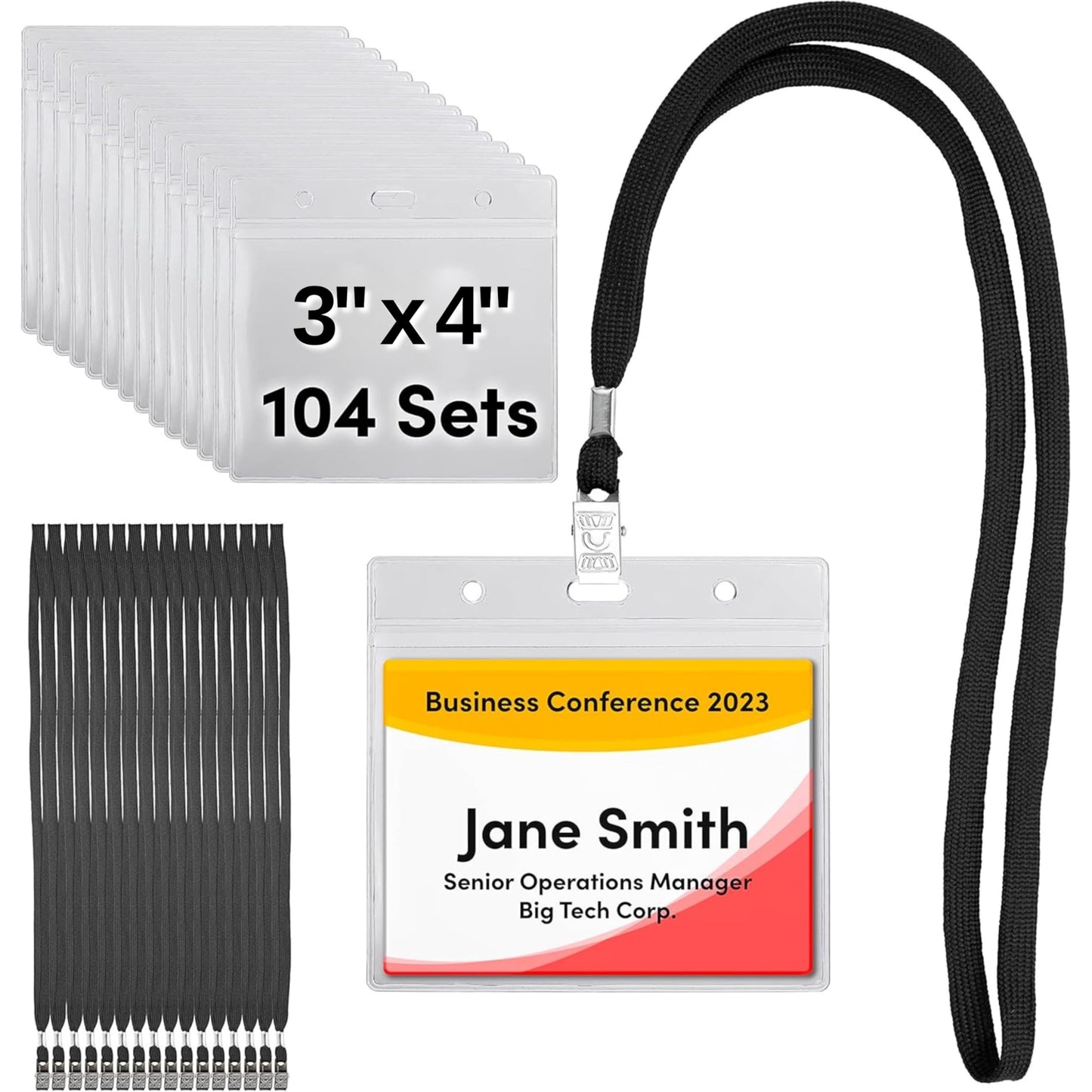 SEE-IT! 104 & 52 Qty Sets Badge Holders with Lanyards Name Tag Holders and Lanyards 3x4 Size Quick Load No Zipper Name Tag Badge id Holder Clear Plastic (104)