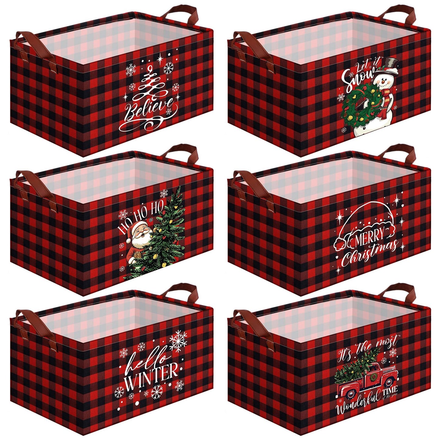 CHENGU 6 Pack Christmas Storage Basket Collapsible Christmas Basket for Gifts Buffalo Plaid Holiday Decor Large Snowman Bin Foldable Xmas Tree Box with Handle for Bedroom Office Home