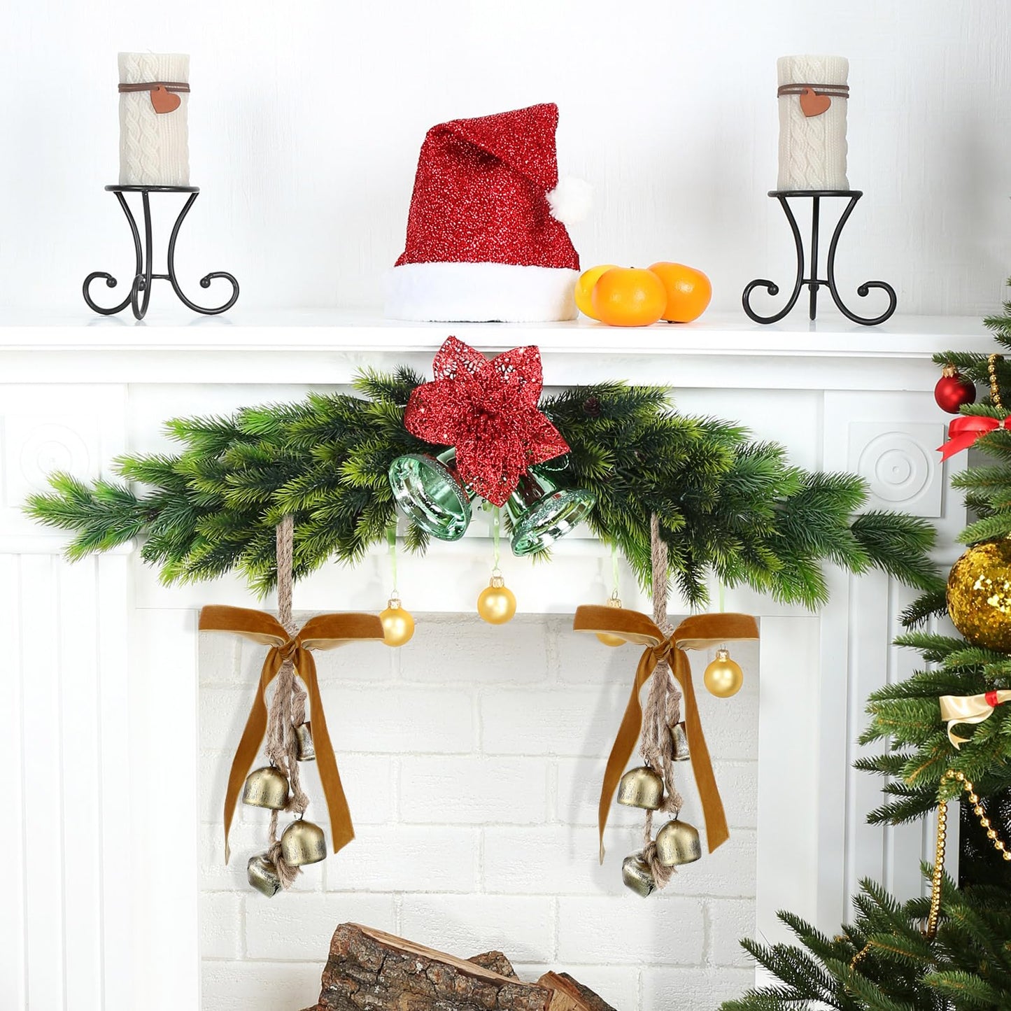 Lukmaa 2 Pcs Rustic Christmas Bells with Neutral Velvet Ribbon Bows Christmas Metal Bells Hanging Ornament Xmas Tree Wall Door Wreath Decoration for Rustic Farmhouse Holiday Decoration