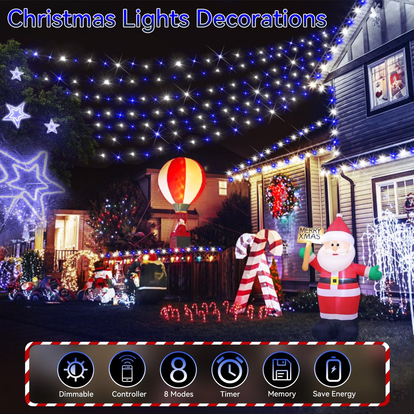 Hezbjiti 1000 LED 403 FT Christmas String Lights Outdoor, 8 Lighting Modes IP44 Waterproof Fairy Lights with Timer and Dimmable Function for Home Party Tree Decorations (Blue+White, Clear Wire)