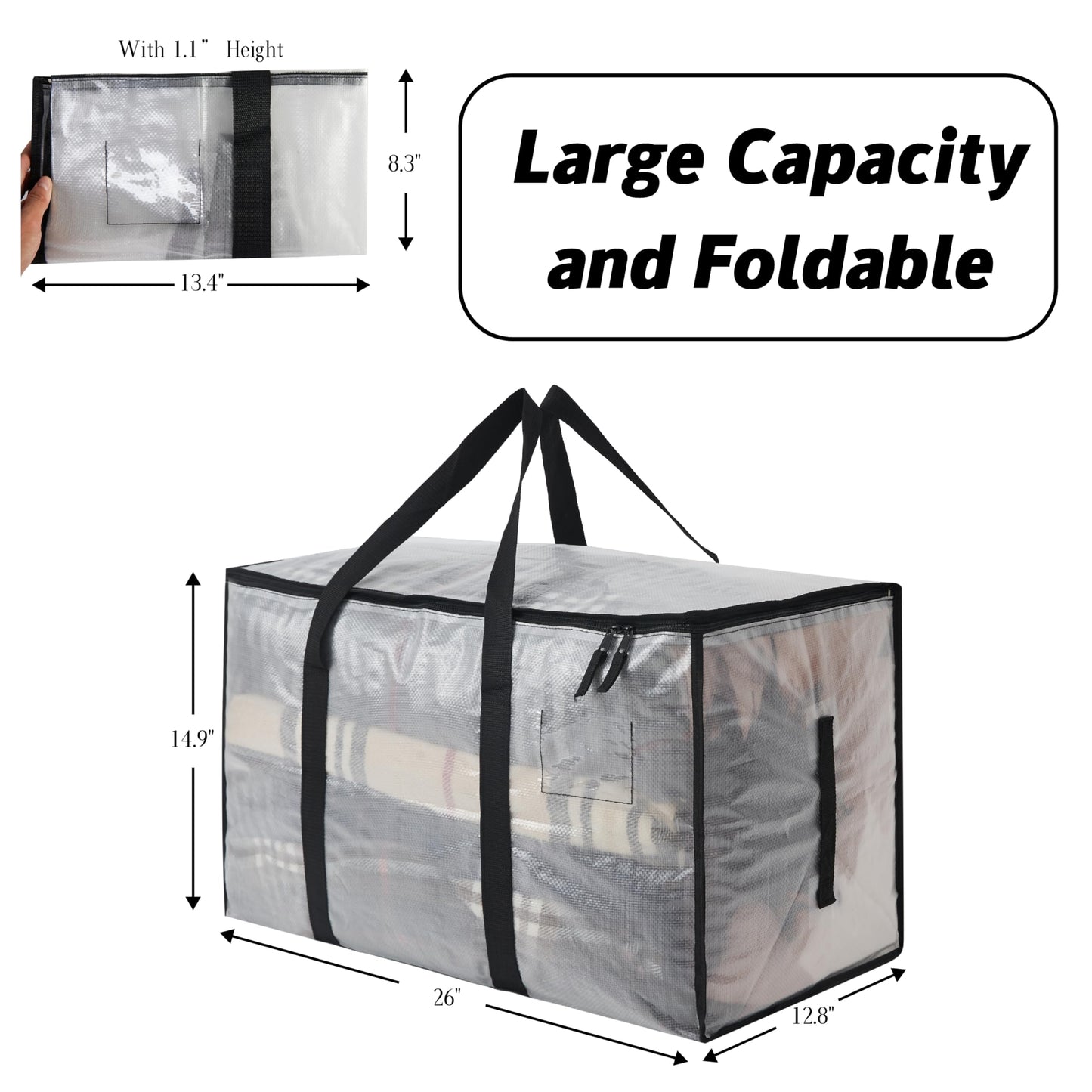 6-Pack Extra Large Clear Moving Bags with Zippers, 93L Heavy Duty Storage Totes with Wrap-Around Handles, Collapsible Clothes & Holiday Storage Bins Alternative (100lb Capacity)