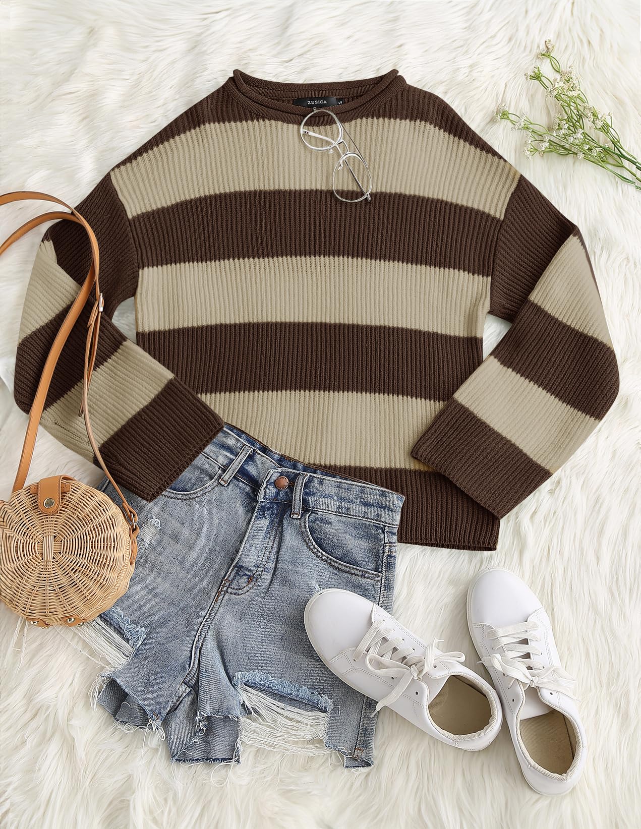 ZESICA Women's 2025 Fall Long Sleeve Oversized Striped Color Block Comfy Loose Crew Neck Knitted Pullover Sweater