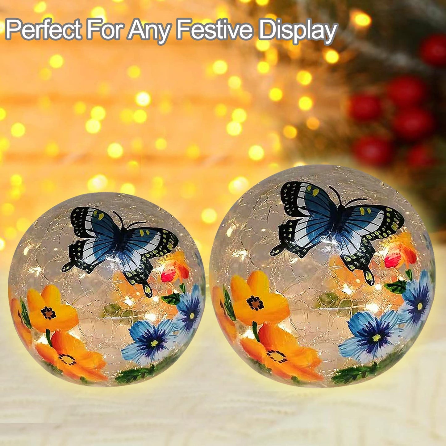 Crackle Glass Ball Light Butterfly Floral Pattern LED Night Light Indoor Tabletop Decorative Sphere Lamp for Home Decor Christmas Birthday Wedding Girls Women's Gift (2 Pack)