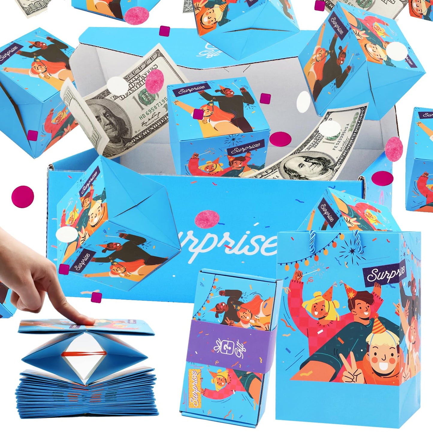 Surprise Gift Box Explosion for Money, Unique Folding Bouncing Red Envelope Gift Box with Confetti, Cash Explosion Luxury for Birthday Anniversary Valentine Proposal (15 Bounces) (Blue)