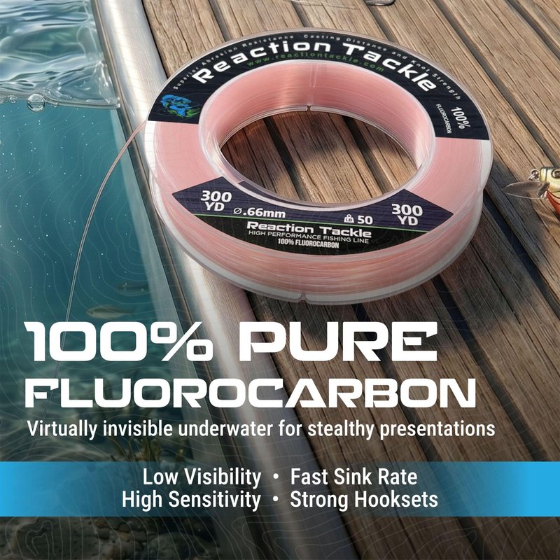 Reaction Tackle 100% Pure Fluorocarbon Fishing Line - High Strength, Abrasion-Resistant, Fast-Sinking, Virtually Invisible - Saltwater and Freshwater Leader Line - Pink - 20LB 50 Yards