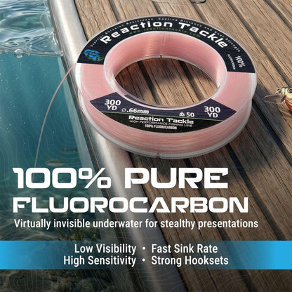 Reaction Tackle 100% Pure Fluorocarbon Fishing Line - High Strength, Abrasion-Resistant, Fast-Sinking, Virtually Invisible - Saltwater and Freshwater Leader Line - Pink - 20LB 50 Yards