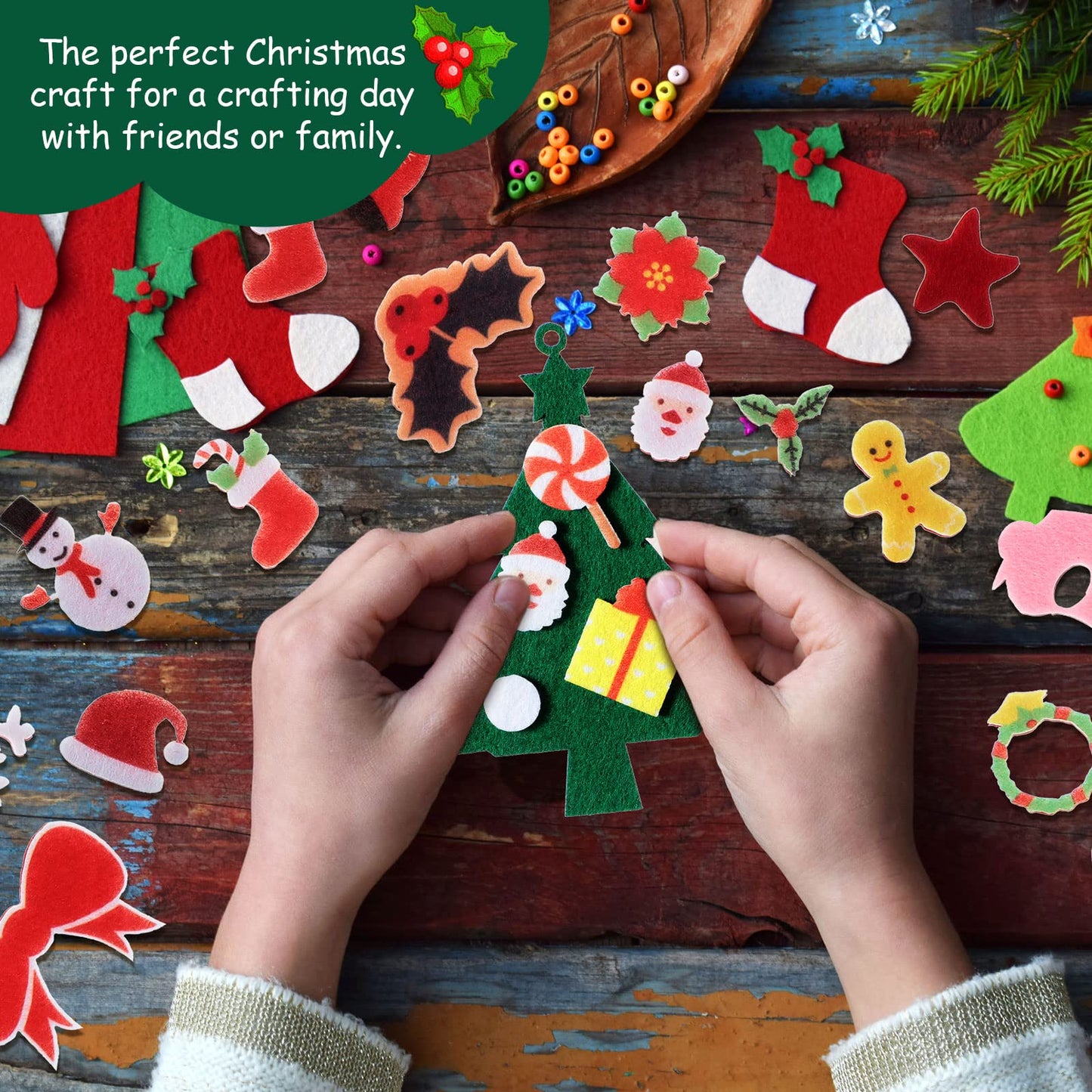 Tatuo 24 Kits Christmas Felt Ornament Crafts DIY Tree Gifts Garlands Bells Santa Socks Hanging Ornaments Christmas Sticker for Home Door Wall Hanging Tree Craft Decorations