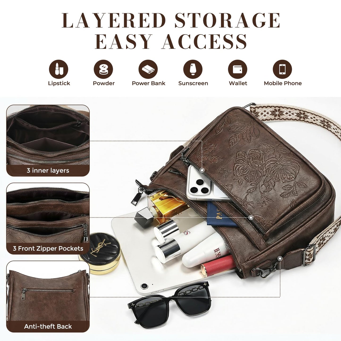 FORUWISH Crossbody Bags for Women, Coffee Brown Vegan Leather Medium Crossbody Purse, Spacious Daily Travel Shoulder Bag with Boho Strap