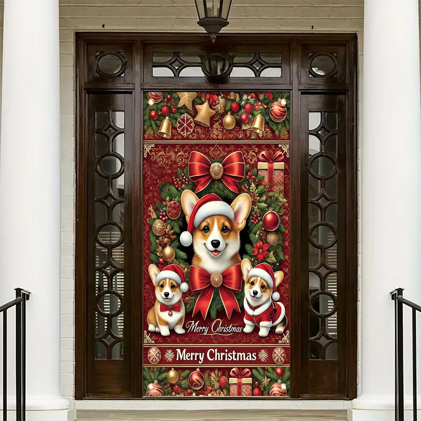Saoplasa Christmas Corgi Door Cover Decoration 71 x 35 Inch Red Festive Banner with Cute Santa Dog Design and Holiday Wreath for Merry Christmas Wall Decor Party Welcome Backdrop Sign