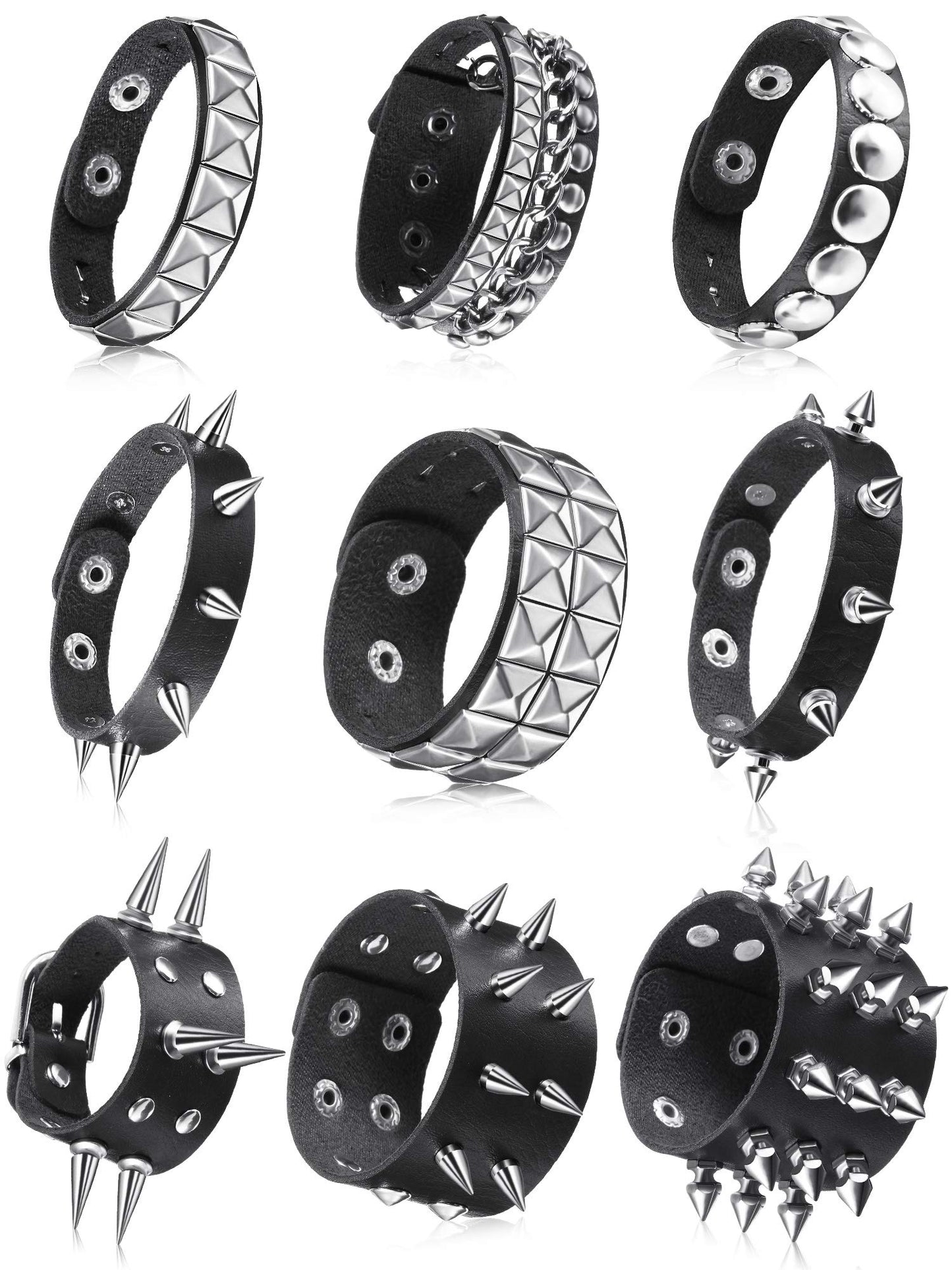 Hicarer 9 Pcs Spiked Studded Bracelet Black Leather Rivet Punk Bracelet Y2k Cuff Wrap Bangle Snap Button Wristband Men Women(Classic Style)