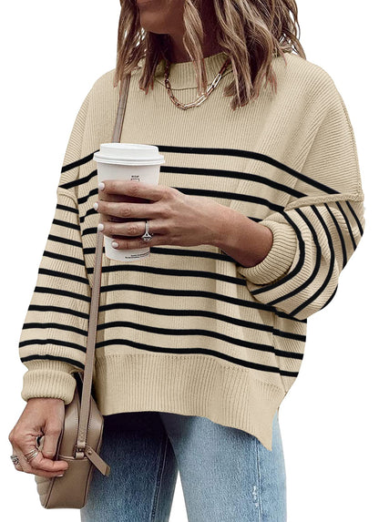 ETCYY Womens Oversized Sweaters Fall 2025 Fashion Clothes Trendy Batwing Sleeve Colorblock Striped Knit Pullover Tops