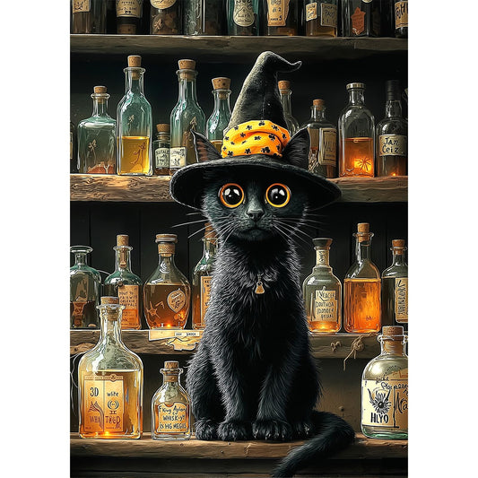 1000 Piece Jigsaw Puzzle for Adults, Cute Black Witch Cat with Orange Hat in Vintage Potion Shop, Stress Relief Art Puzzle for Cat Lovers, Ideal Gift for Birthdays & Special Occasions