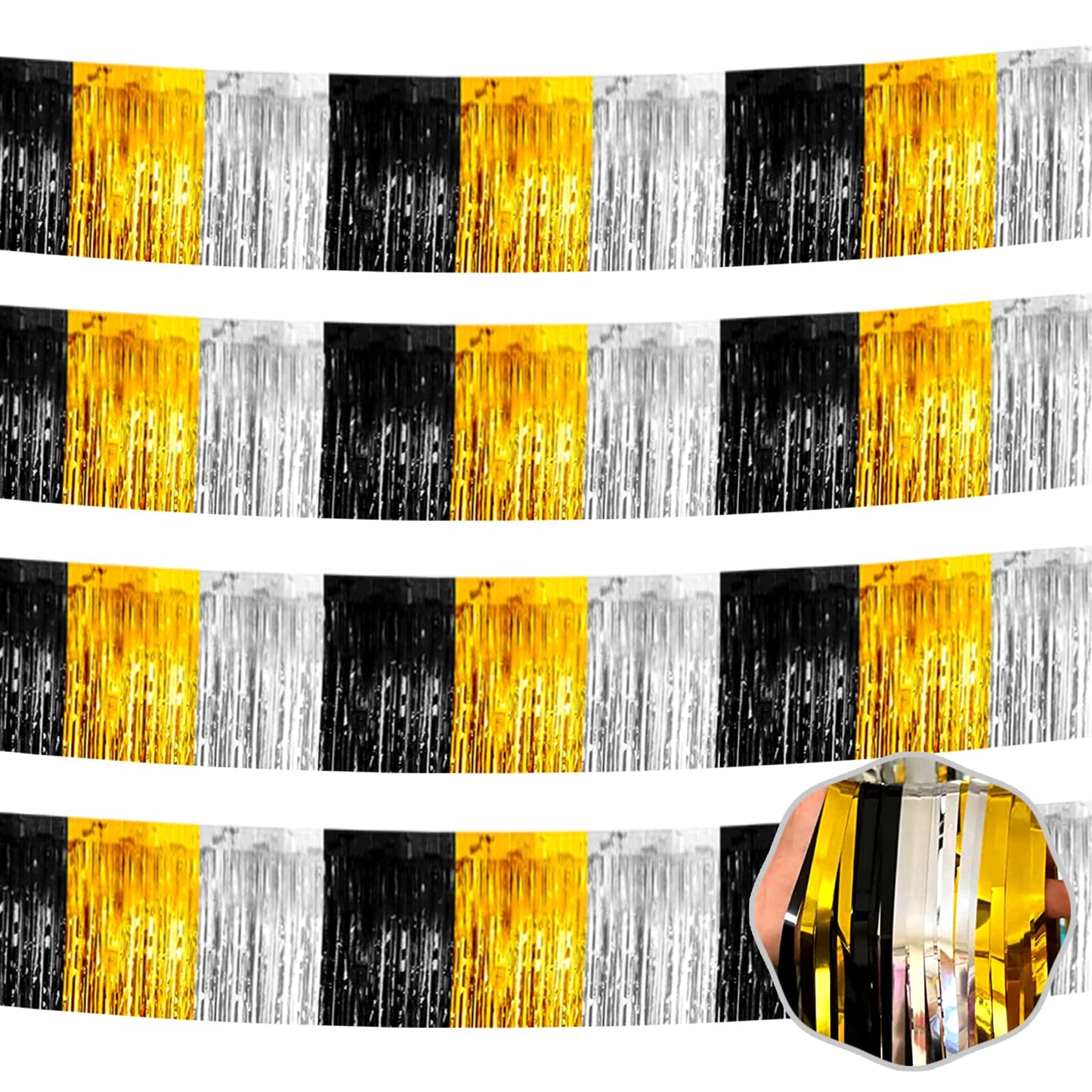 4 Pack 10 Ft Black Gold Silver Foil Fringe Garland Metallic Tinsel Streamers Banner Wall Hanging Curtain Backdrop for Parade Floats, Christmas Day, Thanksgiving, Halloween, New Year Party Decoration