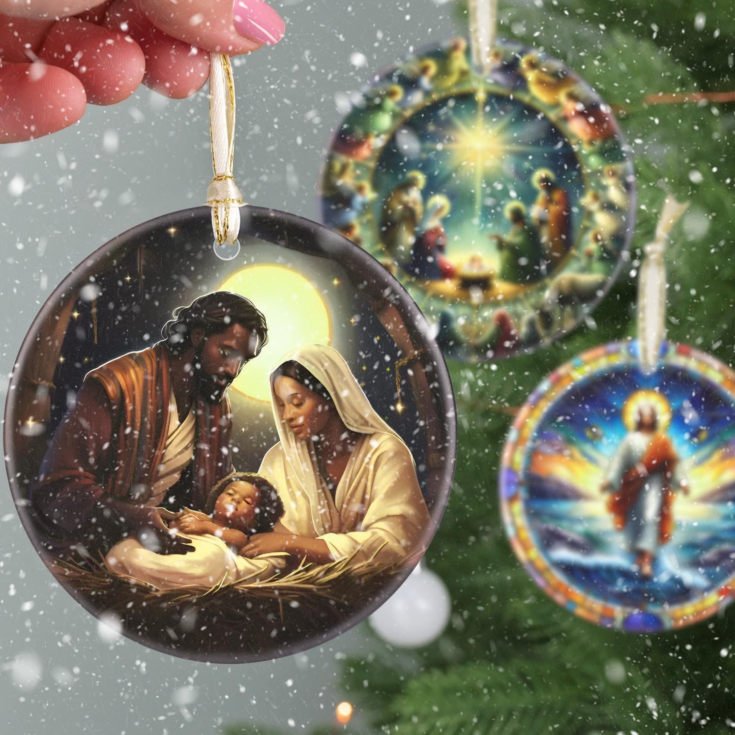 LAOWEIKI Nativity Christmas Ornament, 3.5 Inch Ceramic, Christian Gift, Christmas Tree Decor