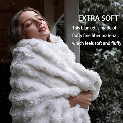 Luxury Faux Fur Throw Blanket 3D Bubble for Couch - Fluffy Blanket Double-Sided Non-Shedding, 60x80 Inches, Fits Bed/Car/Camping/Patio, Gift for Women,Room Decor,White