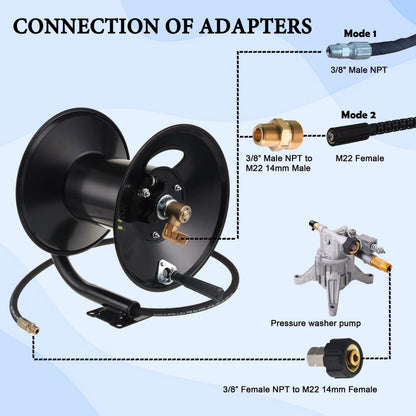 M MINGLE High Pressure Washer Hose Reel 150ft, Heavy Duty Steel Hose Reel, Manual Crank Power Washer Hose Reel with 3/8" Pressure Wash Whip Hose, Swivel Arm and Mounting Bracket, 4000 PSI