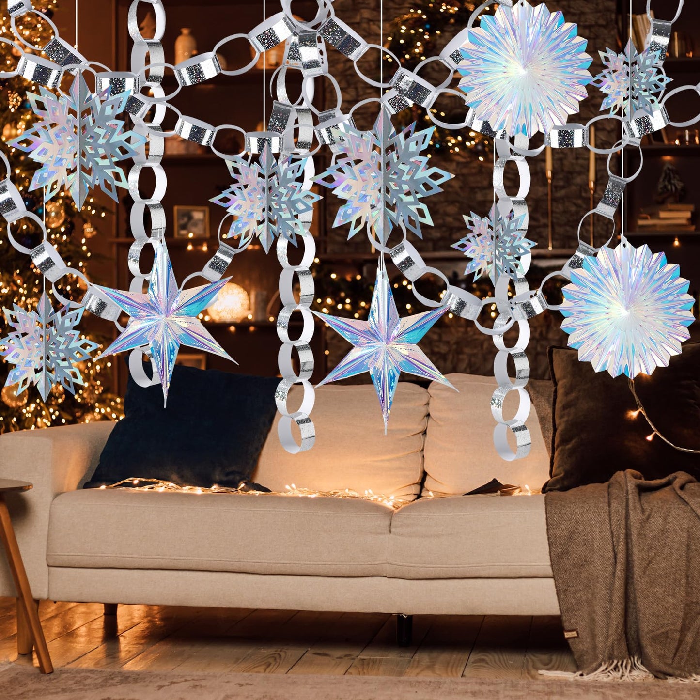 310Pcs Christmas Party Decorations Set Including 3D Iridescent Snowflakes Garland, Paper Chain Strips Craft, Hanging Paper Fans and Hexagonal Star Ornaments for Winter Wonderland Xmas Holiday Decor