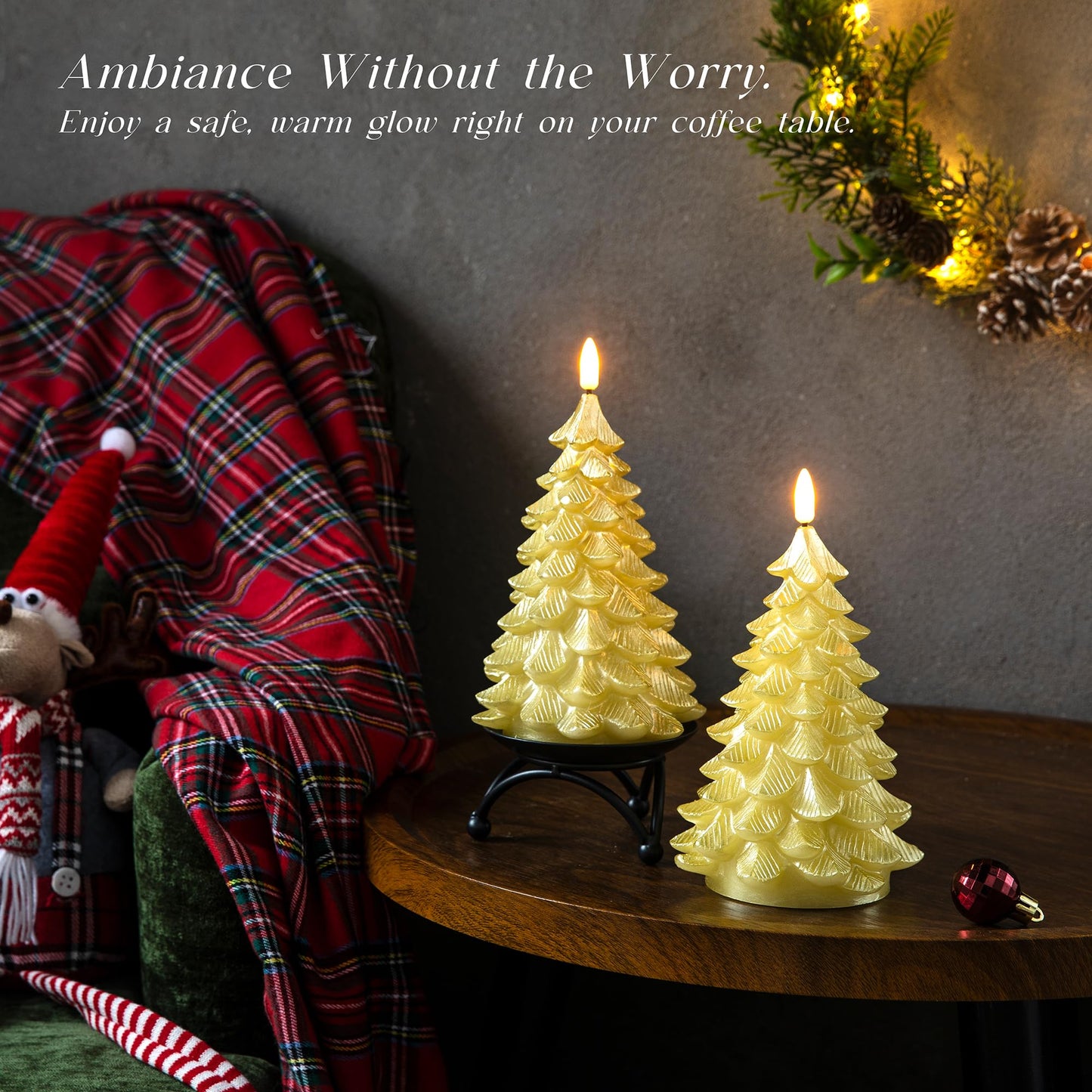 LUSHARBOR Flameless Candles with Remote Timer, 2 Pack Christmas Tree Candles Battery Operated LED Candles Real Wax Holiday Christmas Decoration for Bedroom Party Festival Gift Gold