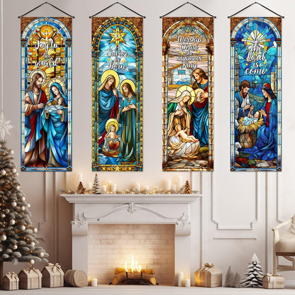 Panelee 4 Pcs Nativity Scene Banner Religious Christmas Backdrop Holy Nativity Stained Glass Style Wall Decorations Jesus Porch Sign for Xmas Indoor Outdoor Church Wall Hanging Decor