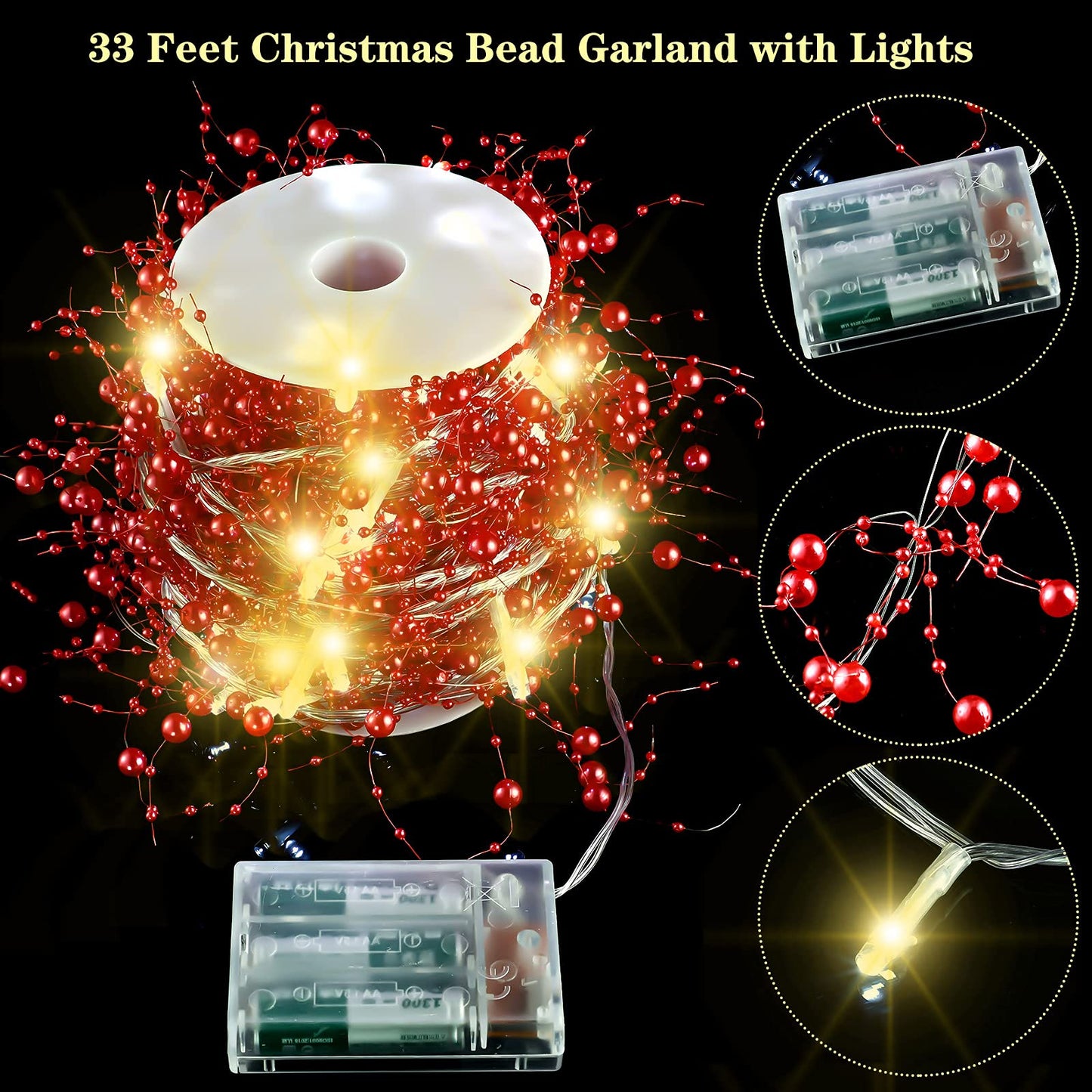Honoson 33 Feet Christmas Berry Beaded Garland String Light Mantel Garland Christmas Fireplace Decorations, Glitter LED Bead for Fireplace Indoor Outdoor Decor(Red)