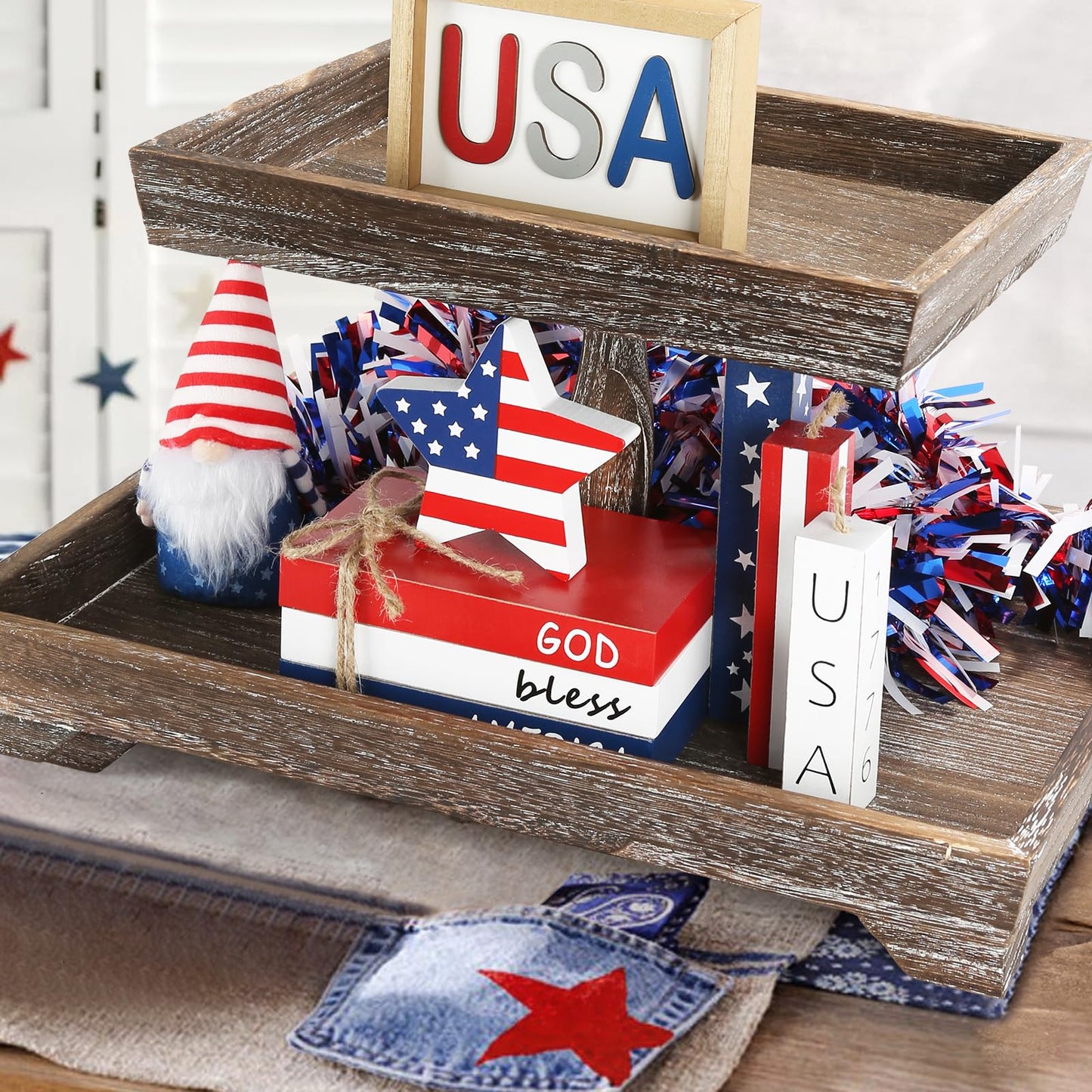 4th of July Decorations, 7 Pcs Patriotic Table Centerpieces Fourth of July Tabletop Decor Wood Faux Book Stack Star Sign Firecracker Farmhouse Decor for Tiered Tray Home Office Shelf Mantel