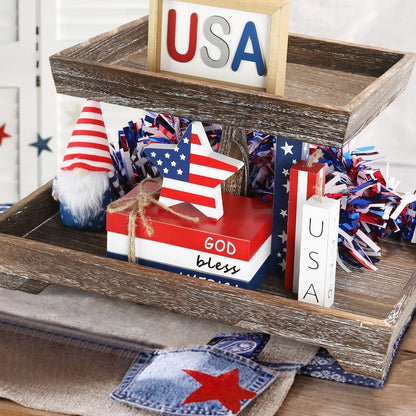 4th of July Decorations, 7 Pcs Patriotic Table Centerpieces Fourth of July Tabletop Decor Wood Faux Book Stack Star Sign Firecracker Farmhouse Decor for Tiered Tray Home Office Shelf Mantel