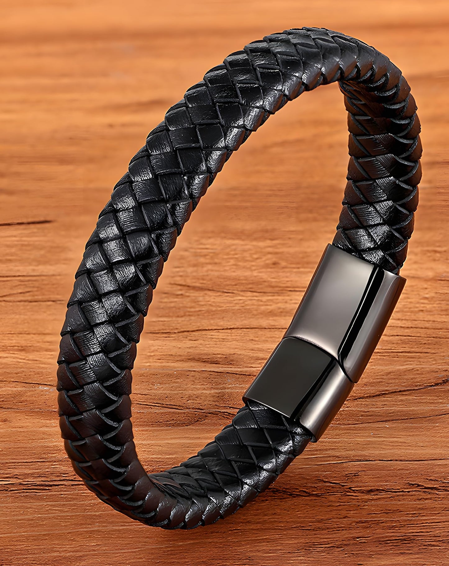 Deerllia Leather Bracelet for Men, Braided Cuff with Stainless Steel Clasp Stacked Multi Style Color Anniversary Father's Day Birthday Christmas Jewelry Gifts for Him, Silver Clasp Black Leather