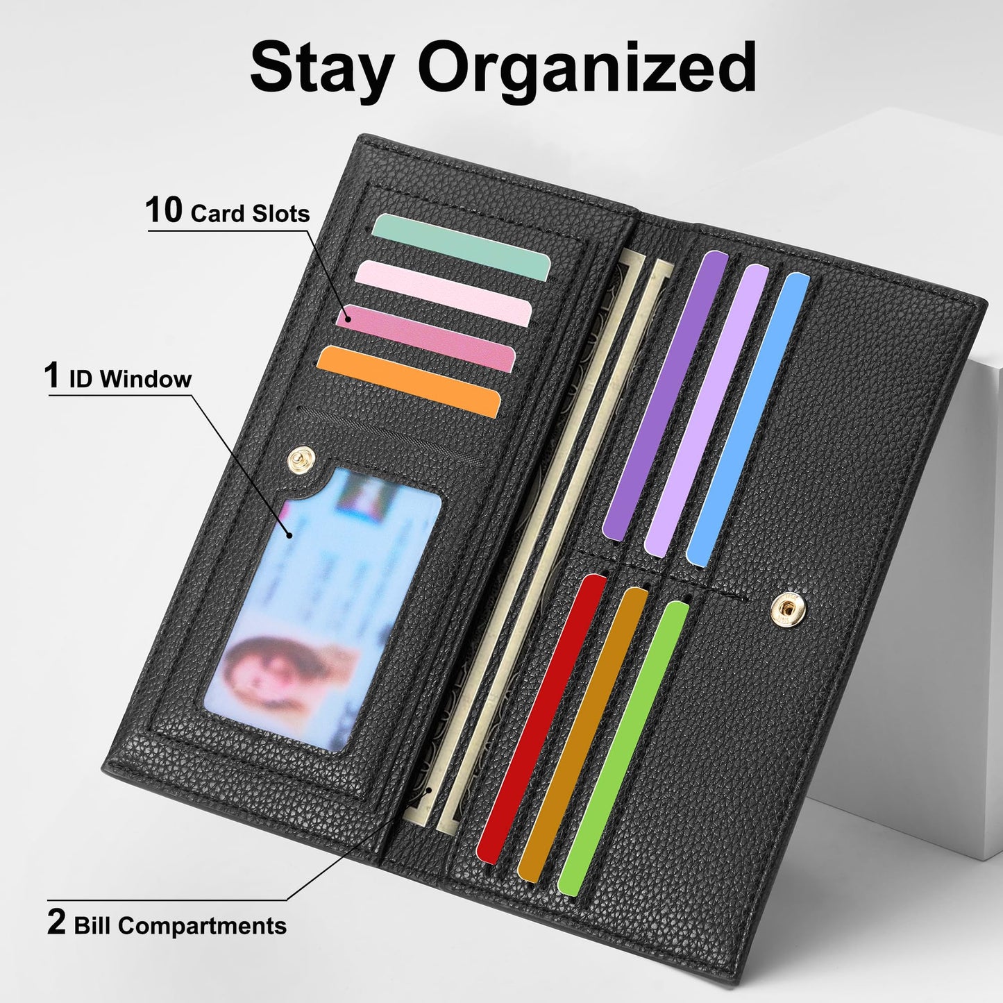 Tipmile Slim Wallet for Women, RFID Blocking Credit Card Holder, Ladies Bifold Wallet with Zipper, Black