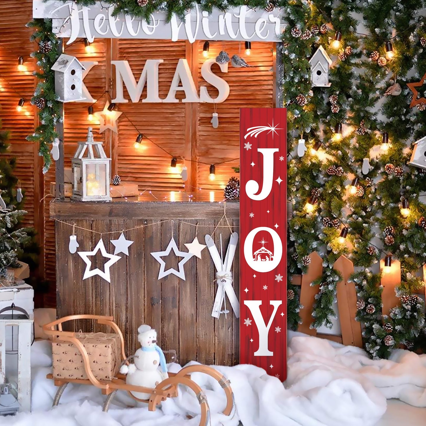 Christmas Porch Sign JOY 47" Winter Large Welcome Porch Sign Xmas Decor for Home Front Door Farm Yard Party Decor (Red)