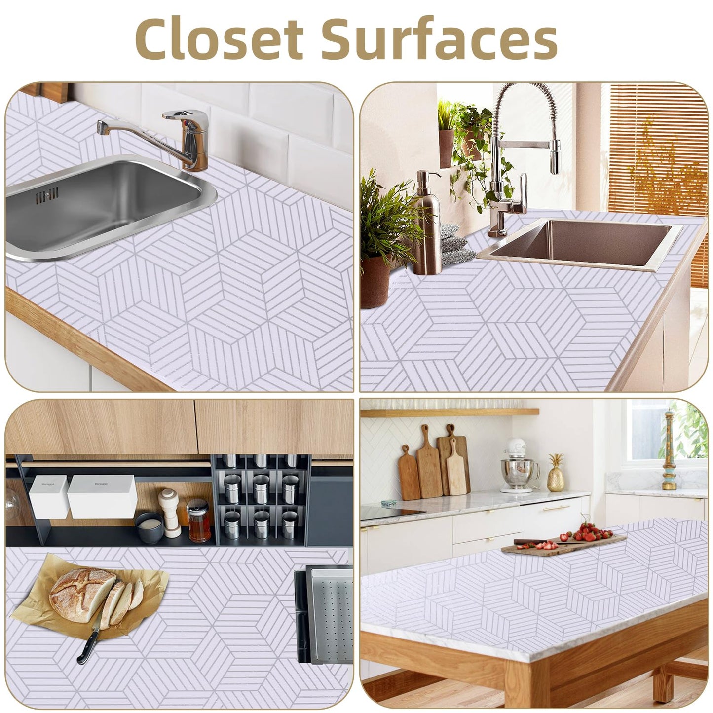 Shelf Liners for Kitchen Cabinets 12in x 30FT, Non Adhesive Cabinet Liner Strong Non-Slip Thickened Silver Geometric Easy to Clean for Shelf, Cabinet, Refrigerator with Knife and Tape Measure