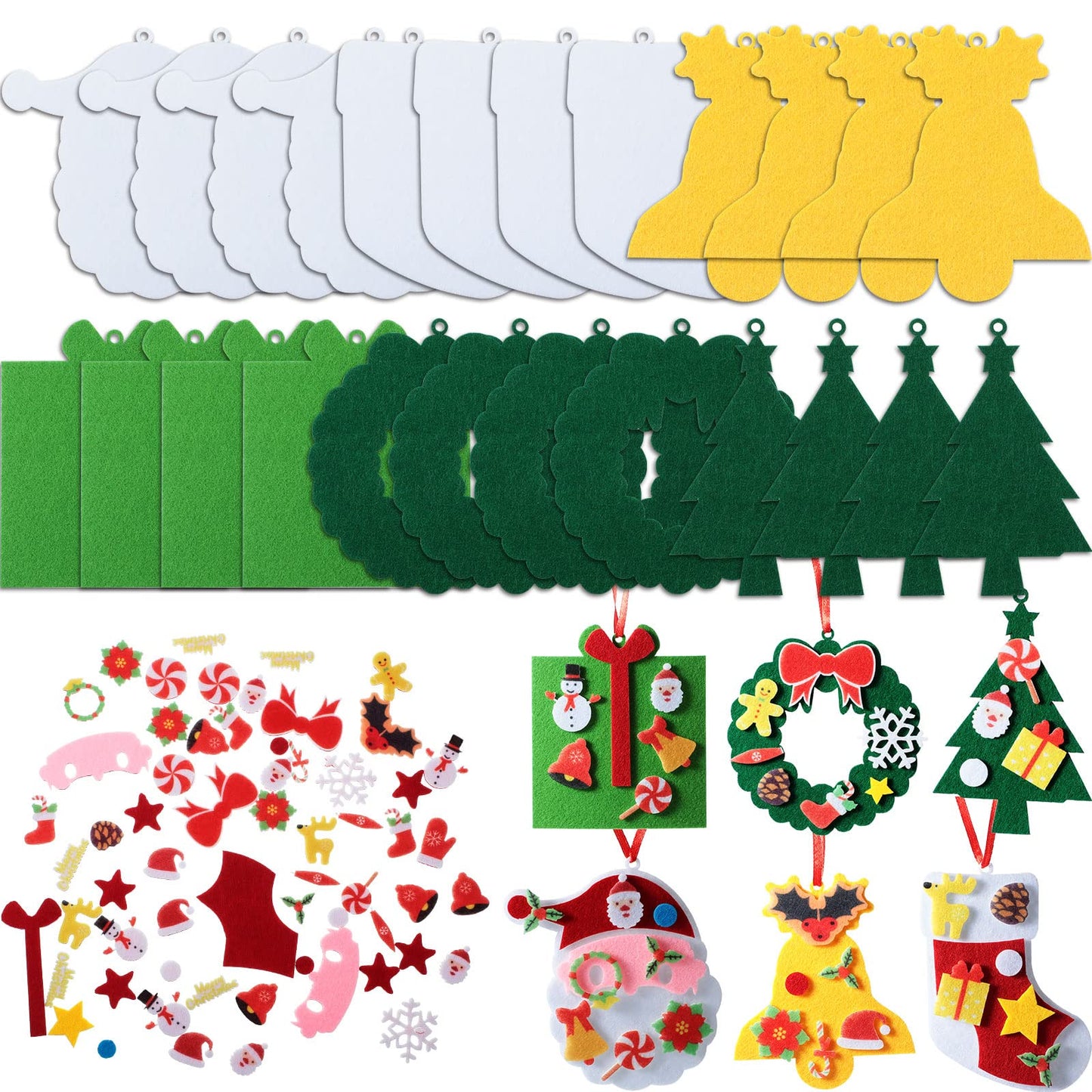 Tatuo 24 Kits Christmas Felt Ornament Crafts DIY Tree Gifts Garlands Bells Santa Socks Hanging Ornaments Christmas Sticker for Home Door Wall Hanging Tree Craft Decorations