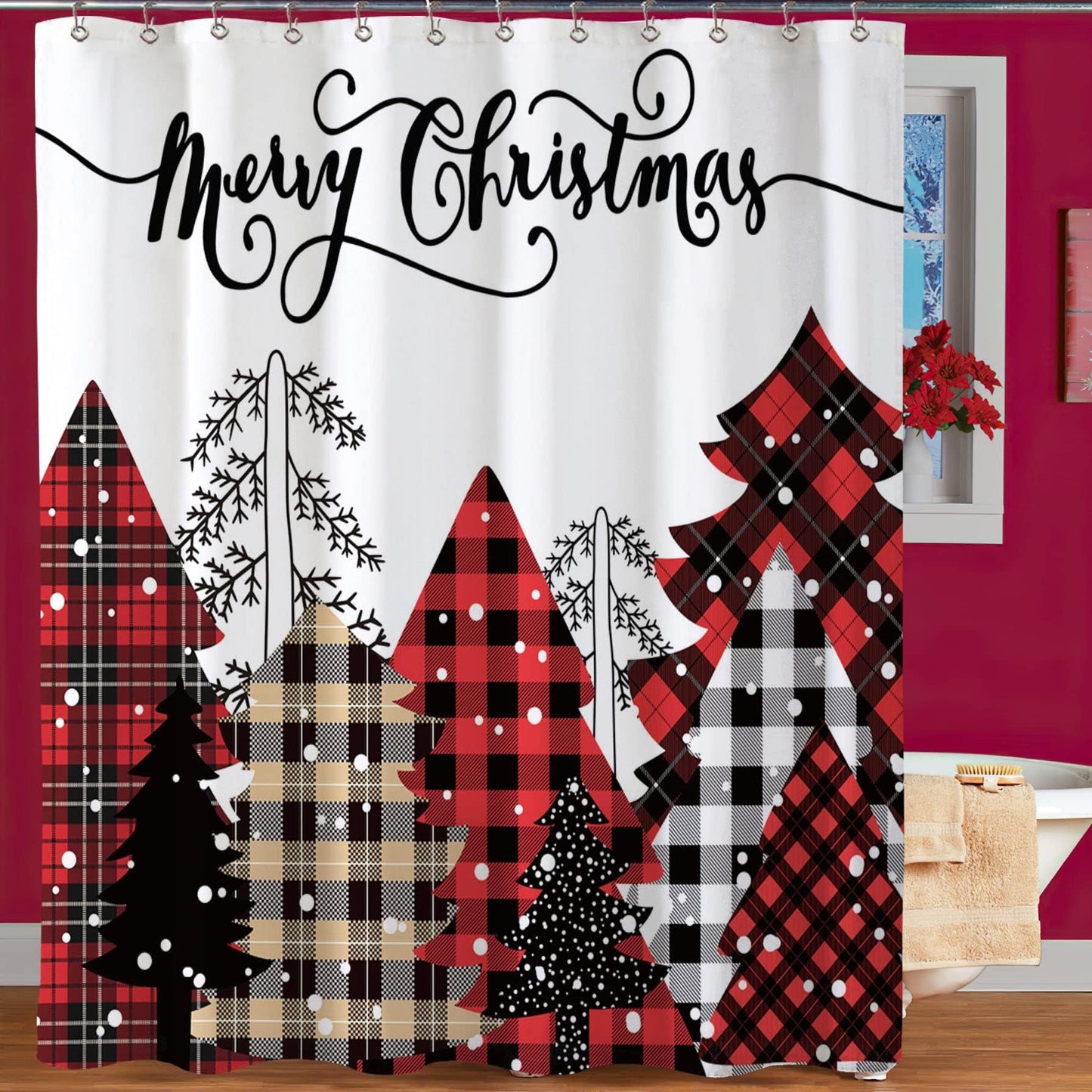 Baccessor Merry Christmas Shower Curtain Red Buffalo Plaid Christmas Tree Snowy Forest Farmhouse Bathroom Shower Curtain with Hooks 72x72 Inch Waterproof Washable